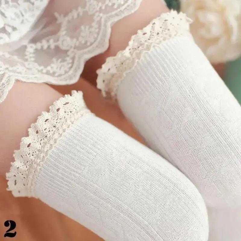 1 Pair Women Fashionable Solid Color Warm Cotton Thigh High Long Stockings Knit Over Knee Lace Girls Socks Accessories Creative