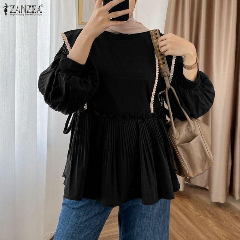 ZANZEA Blusa casual de manga larga suelta con cuello redondo para mujer