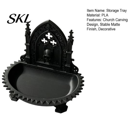 Vintage Church Accessory Holder Carving Design Storage Box, Matte Black Desktop Organizer for Rings Gothic Tray Bracelets Goth Decor, Style