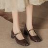 Autumn Winter New Soft Leather Mary Jane Shoes Chunky Heel Square Toe Retro Strap Comfortable Women Shoes Non-Slip Comfort