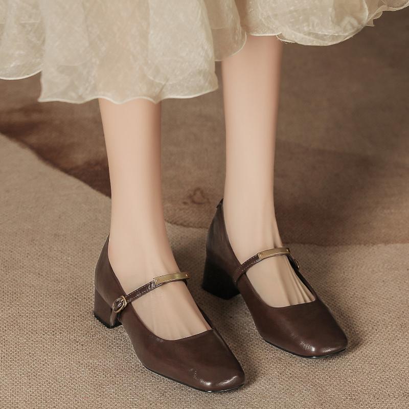 Autumn Winter New Soft Leather Mary Jane Shoes Chunky Heel Square Toe Retro Strap Comfortable Women Shoes Non-Slip Comfort