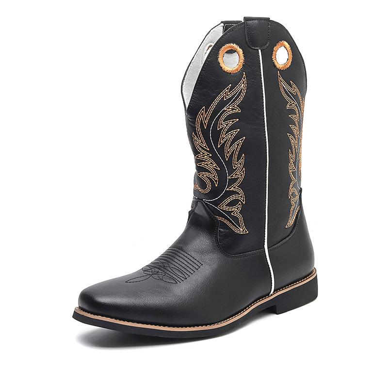 Foreign trade 2025 new ethnic style embroidery medium tube boots square head medium heel knight boots large size men's boots