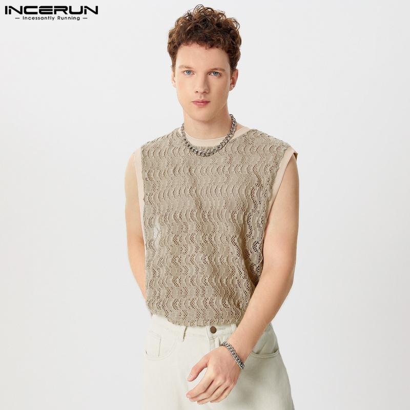 INCERUN Men Mesh Fishnet Sleeveless Tank Tops Lace Patchwork Summer Vest