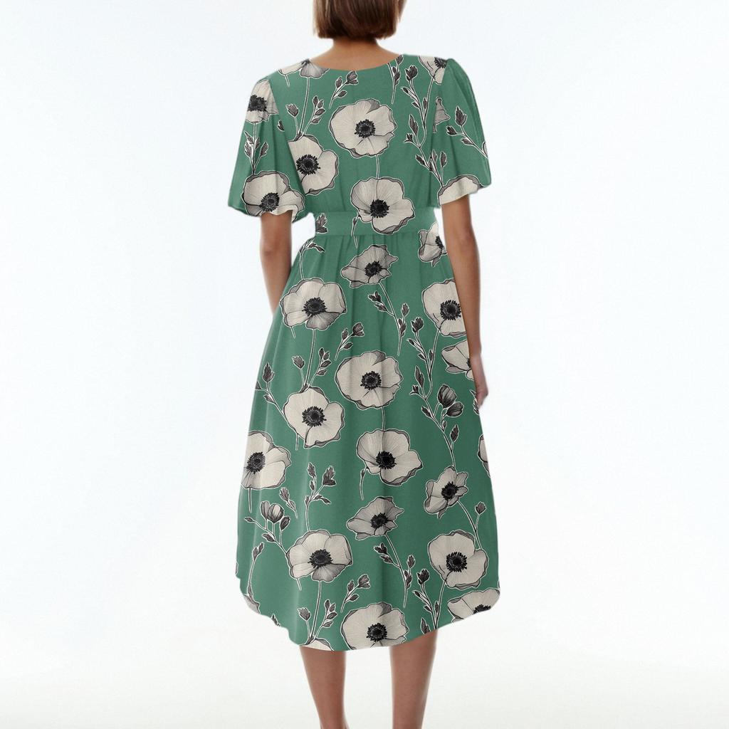 Robe Imprimée Décontractée Ample à Col en V et Manches Courtes avec Jupe Évasée pour Femme