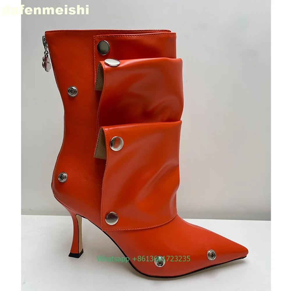 Metal Rivet Buckle Pleated Women Boots 2025 Winter Pointed Toe Thin Heels Short Boots Solid Color Back Zipper Leather Boots