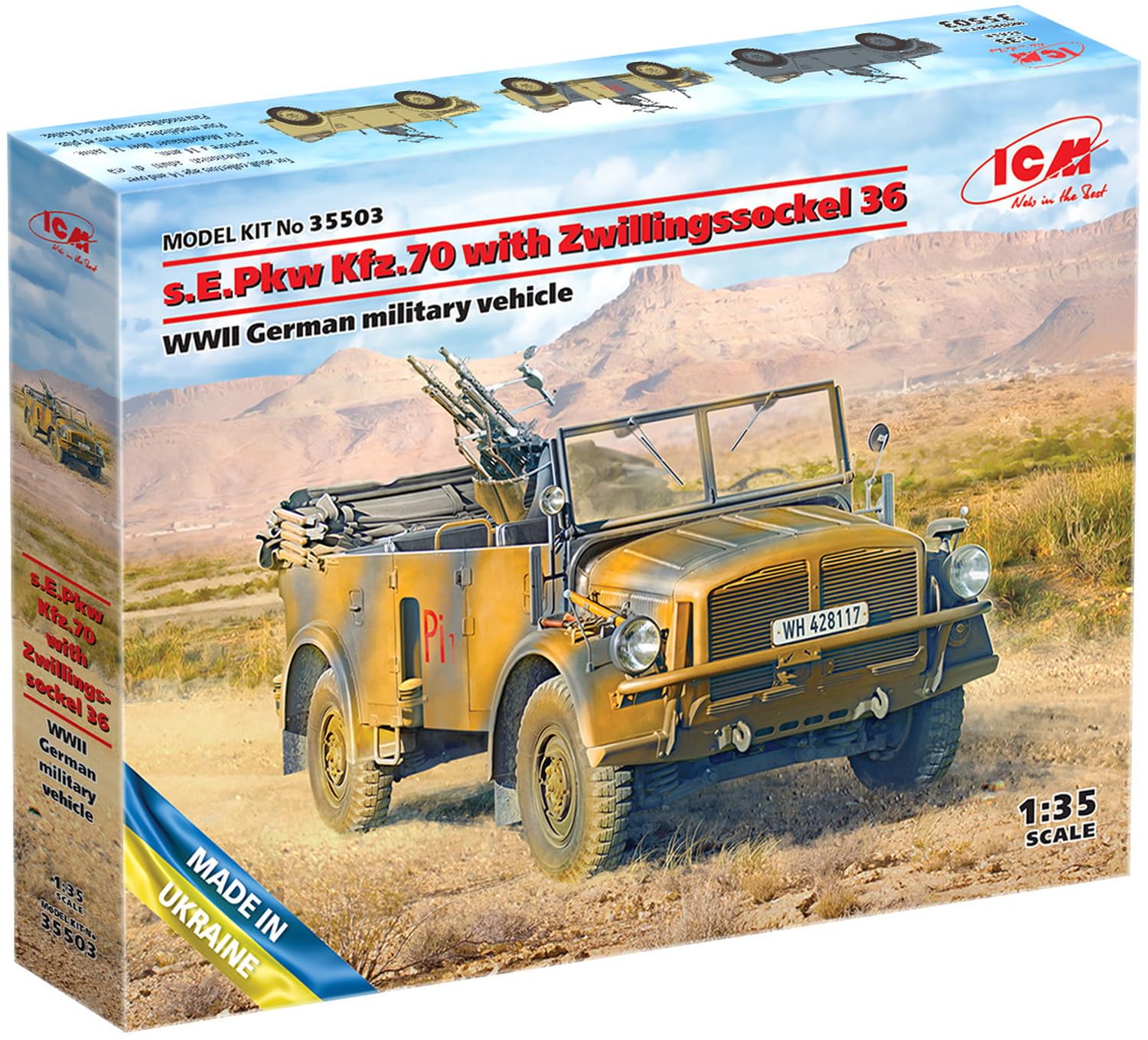 

ICM 1/35 scale German s.E.Pkw Kfz.70 Light 4WD Vehicle with Dual Anti-Aircraft Gun Turret Zwillingssockel 36 Plastic Model Kit 35503