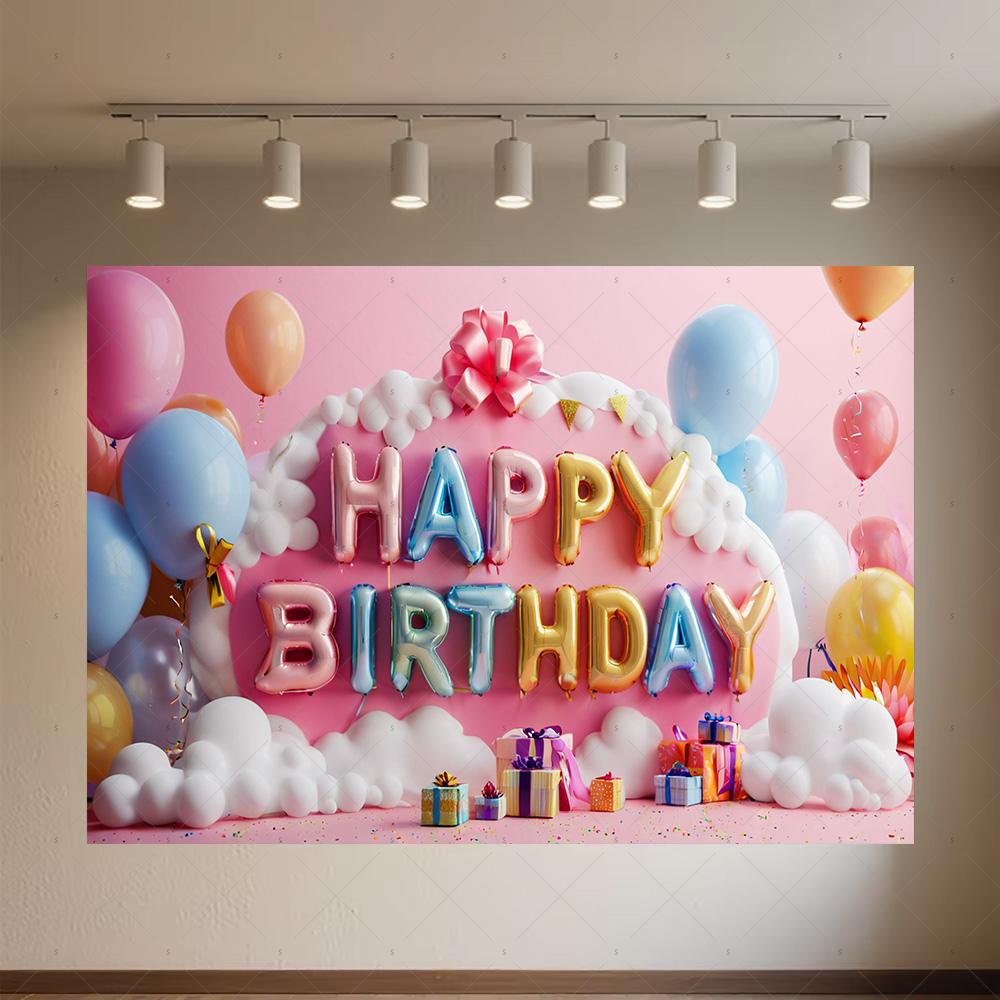 Colourful Happy Birthday Theme Backdrop Supplies 3D Ballon Background Banner Kids Birthday Party Decorations Photo Shoot Props