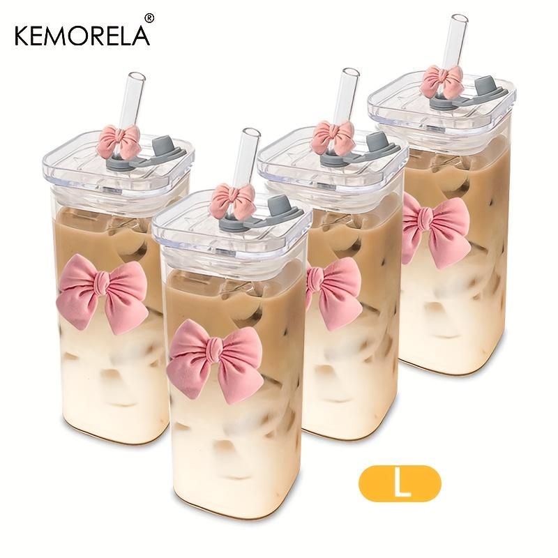 KEMORELA 4 ST Rosa Rosett Glasmugg 350 ml Glasmuggar För Utomhusbruk Kaffe Juice Mjölkte Med Lock och Sugrör Lämplig Som Gåva