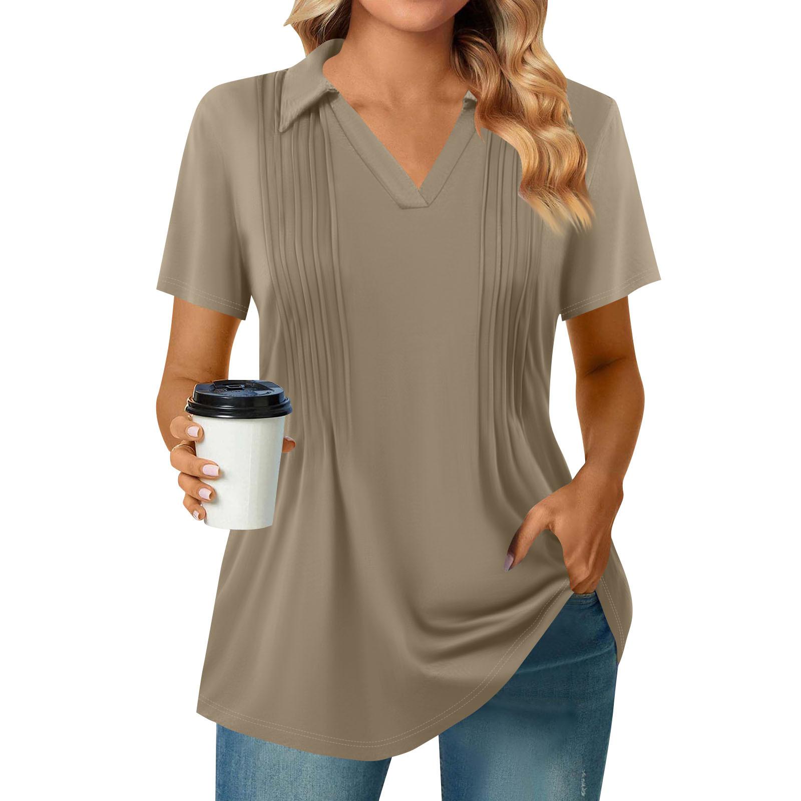 

Женские футболки с коротким рукавом, плиссированные, с V-образным вырезом, однотонные, с воротником, летние топы, модные, деловые, повседневные, для работы XXXL хаки