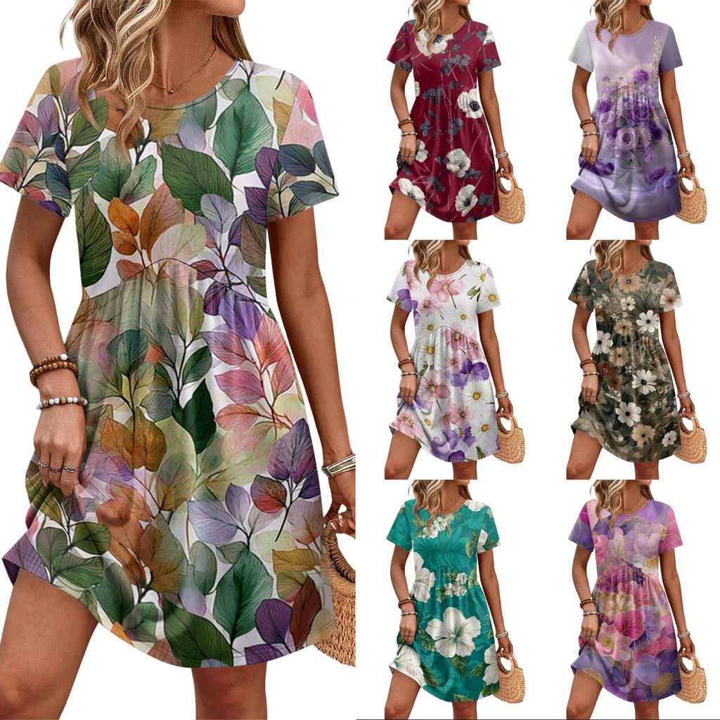 Women Short Sleeve Floral Print Crew Neck Casual Waist Dress with Belt and Pockets for Everyday Wear Comfortable Fit