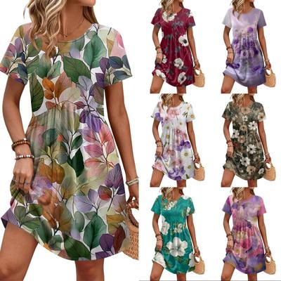 Women Short Sleeve Floral Print Crew Neck Casual Waist Dress with Belt and Pockets for Everyday Wear Comfortable Fit