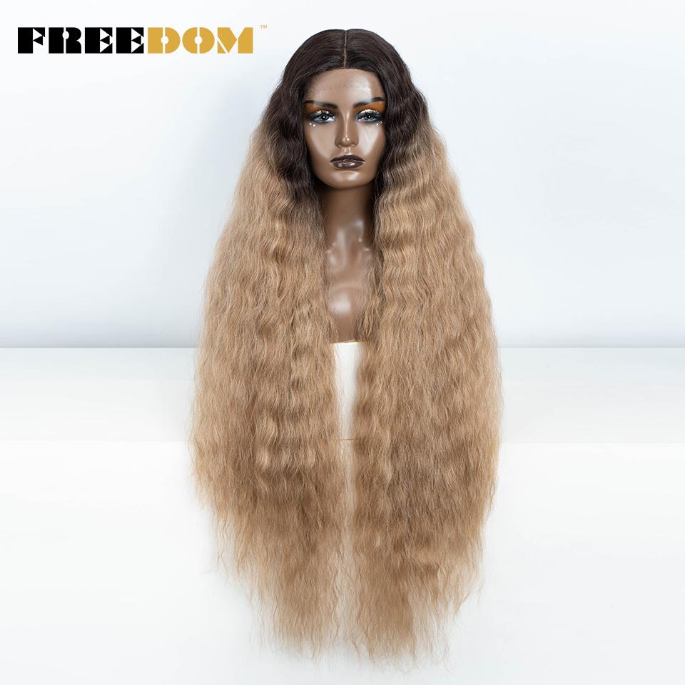 FREEDOM Synthetic Lace Frontal Wig For Women 42 Inch Long Curly Lace Wigs Ombre Brown Highlight Ginger White Pink Cosplay Wig