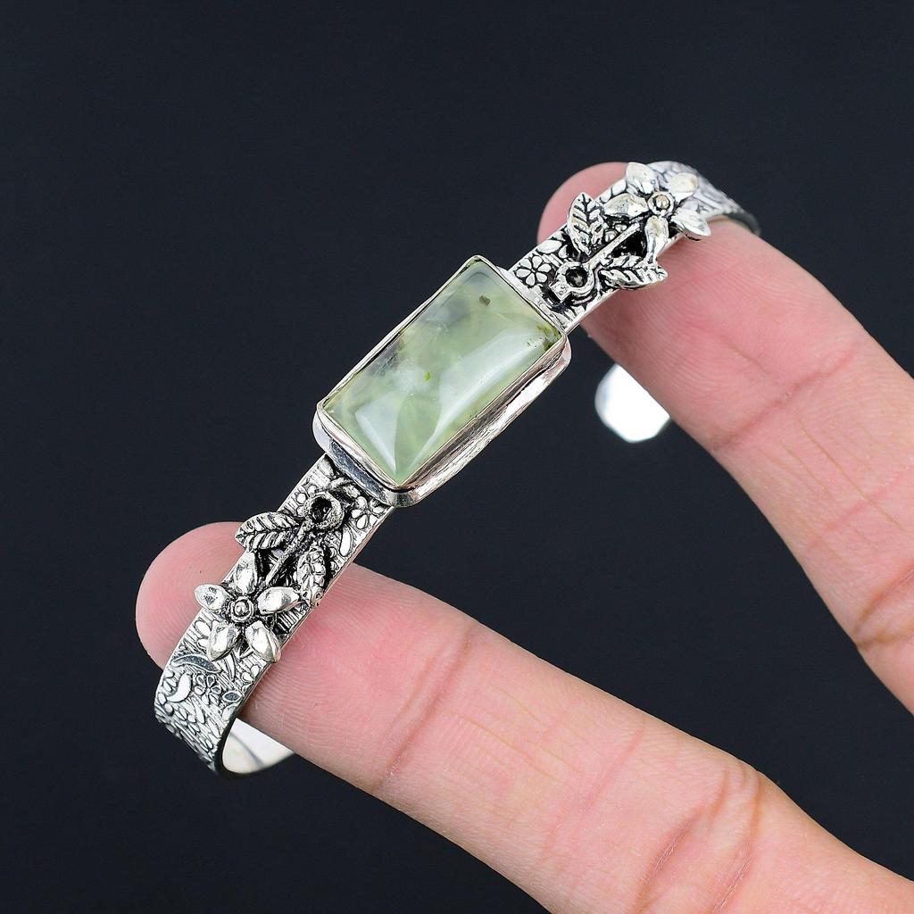 Sisters Day Deal Sterling Silver Moss Moss Prehnite Gemstone Boho Flower Bangle