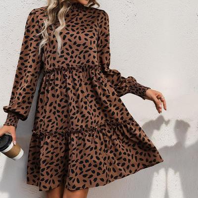 Damenmode Frühling Herbst Gepunkteter Druck Langarm Stehkragen Mittlere Taille Freizeitkleider