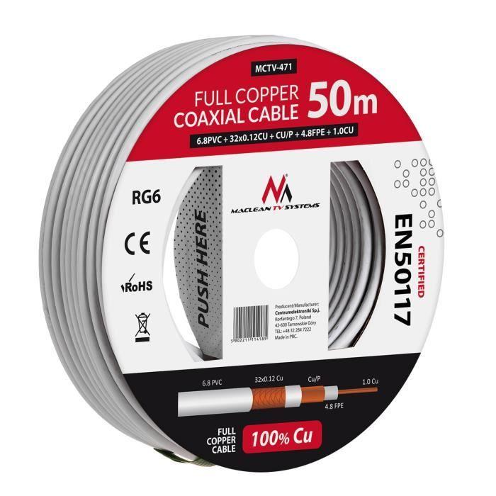 Câble Maclean MCTV-471 coaxial d'antenne cuivre RG6 50M
