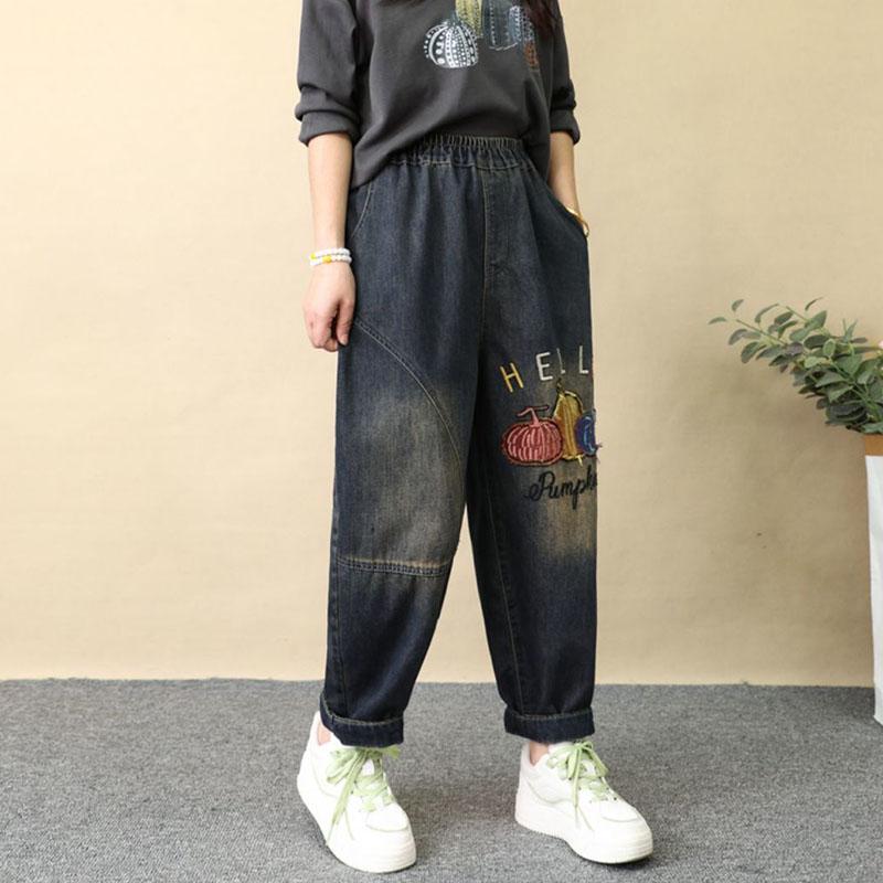 Pantaloni Harem Casual cu Croială Largă pentru Femei Primăvară Vară Stil Vintage Broderie Pantaloni Jeans Femei Talie Înaltă Largi cu Buzunare Pantaloni Denim