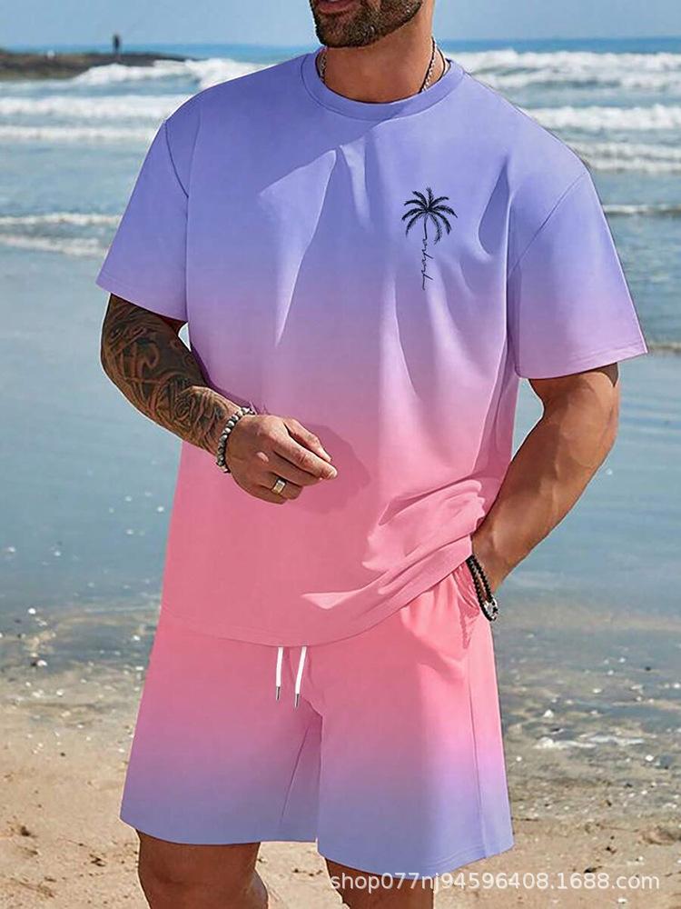 

Men s Blue Pink Gradient Short Sleeve T-Shirt & Shorts Set with Black Palm Tree Print, Beach Casual Outfit S