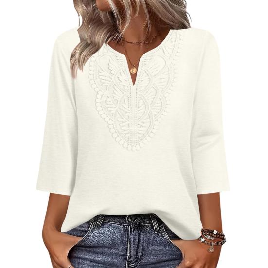 Damen Oberteile Dreiviertelarm V-Ausschnitt T-Shirts mit Hohlstickerei Muster Lockerer Schnitt Freizeitbluse Tägliche Kleidung