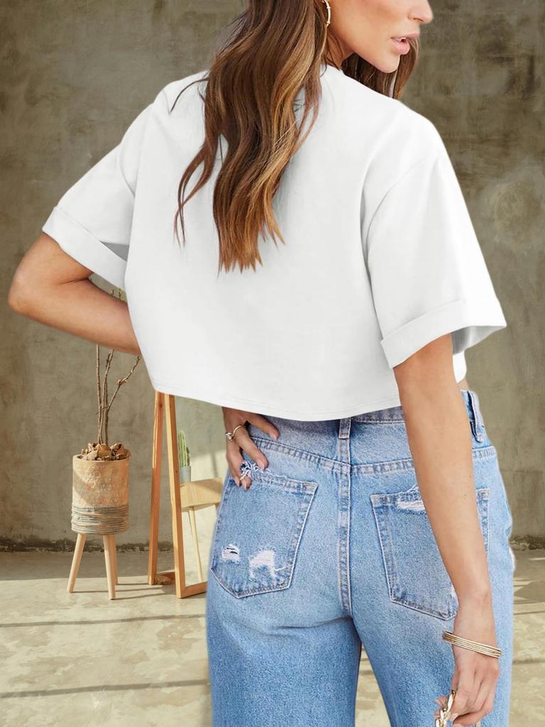 Damen Drop Shoulder Crop Top Kurzarm Y2K Sommer Basic T-Shirt