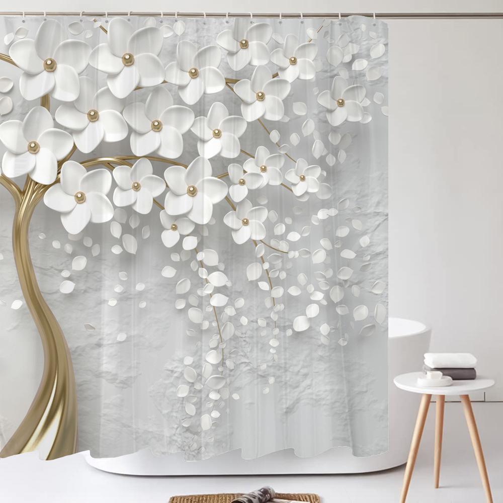 Rideau de douche Blanc Fleurs Modernes Minimaliste Nordique Imprimé Art Floral Polyester Décoration Intérieure Rideau de Salle de Bain avec Crochets