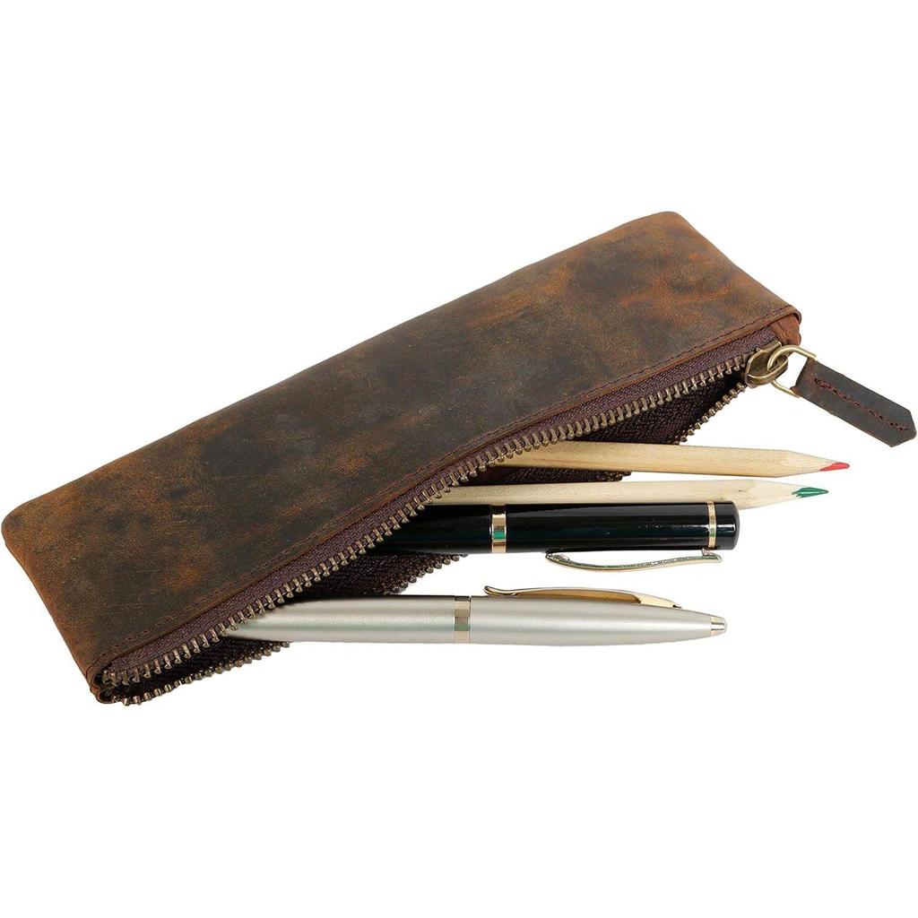Leather Pen Pencil Case, Zip Pouch, Accessories Holder, Stationery Bag, Classic Handmade Design (Vintage Brown)