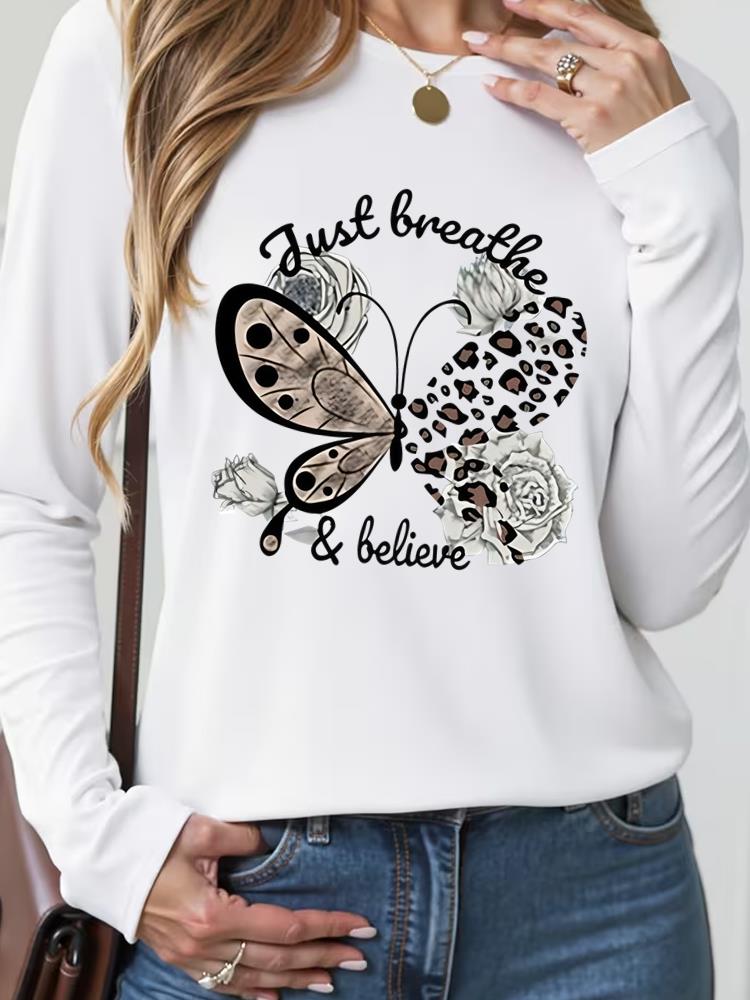 (Asian Size) letter trend cute 90s Casual Fashion Print T Shirt Tee Women Clothing autumn winter spring Top o-neck Graphic Long Sleeve T-shirts