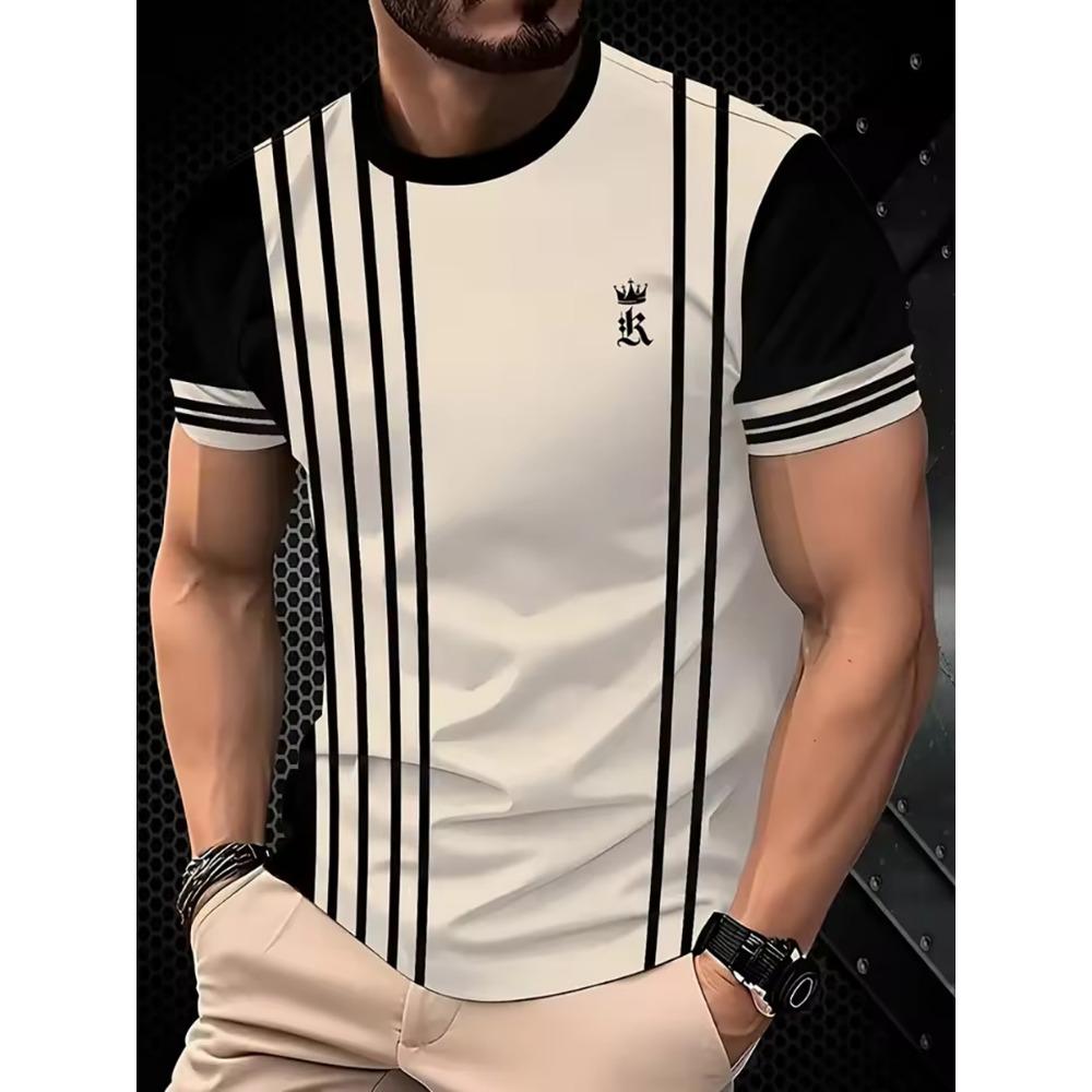 Men's Fashion Stripe Splicing 3D Printed Short Sleeve Comfortable To Wear