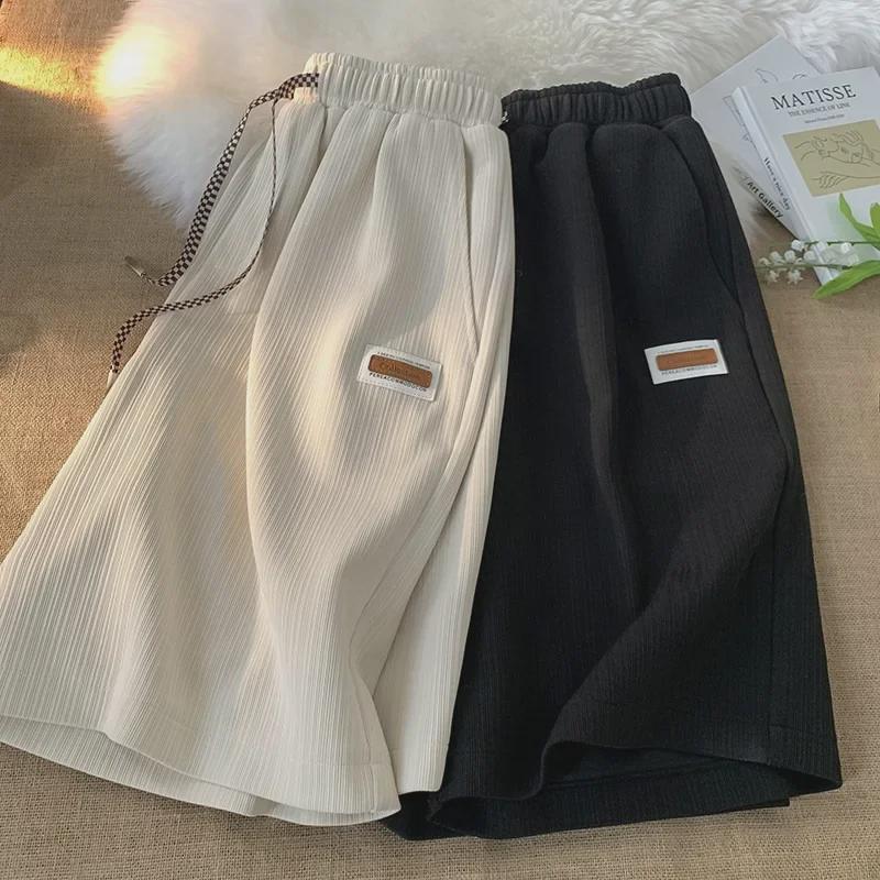 Women's Ribbed Knit Casual Loose Fit Wide Leg Shorts - Trendy Hong Kong Style, Five-Point Length, Salt Style Slimming Pants.