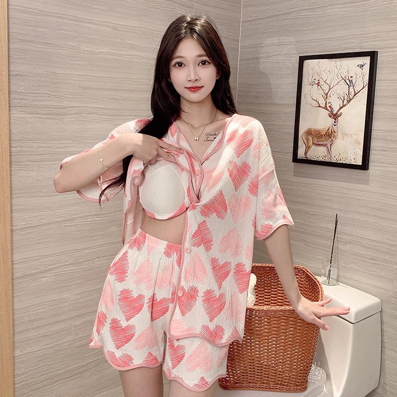 Women's Thin Korean-Style Sweet Pajama Set with Bra Pads - Summer Short Sleeve & Shorts Cardigan, Anti-Pilling Home Wear