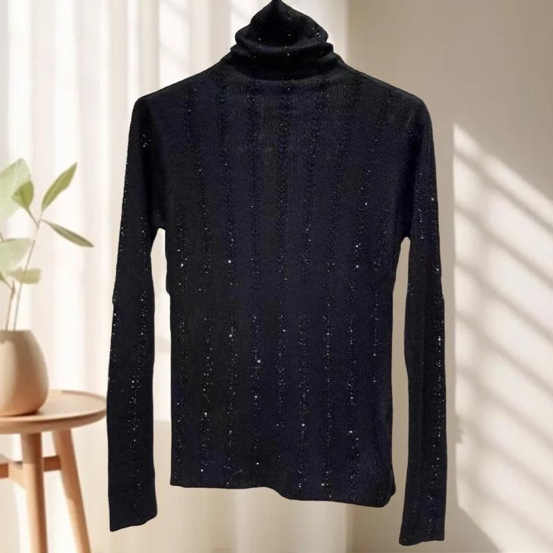 Women's High Neck Long Sleeve Heavy Duty Rhinestone T-shirt (92% Polyester, 8% Spandex)