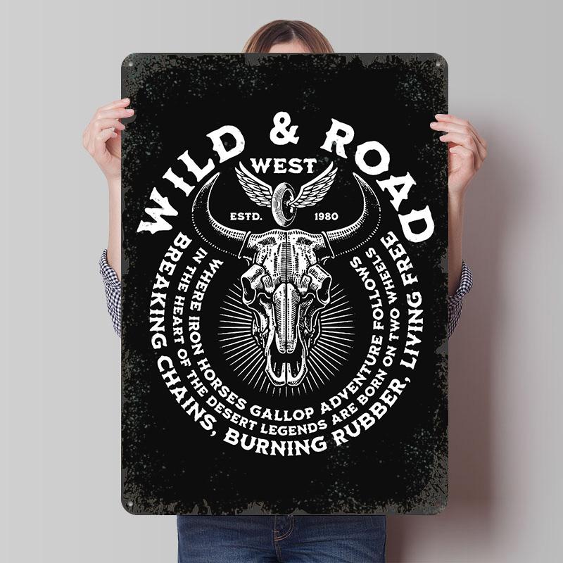 

Wild Road West Design Tin Plaque Poster Customized Wall Art Retro Vintage Metal Signs for Man Cave Aesthetic Room Decor Men 20x30cm（7.8x11.8inch）