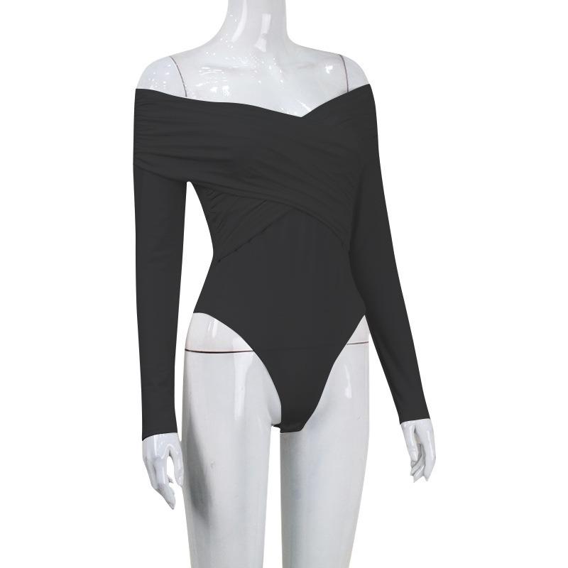 Sexy Dámské Módní Jednobarevné Body s Odhalenými Rameny Křížené Záhyby Skinny Romper Oblečení Dlouhý Rukáv Šik Streetwear Podzimní Oblečení Nové