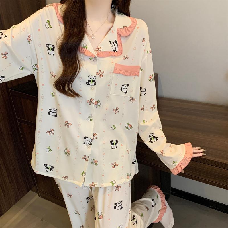 Lotus Leaf Lace Cute Panda Lazy Wind Girl Pajamas Autumn and Winter New Imitation Cotton Long-sleeved Suit Loungewear