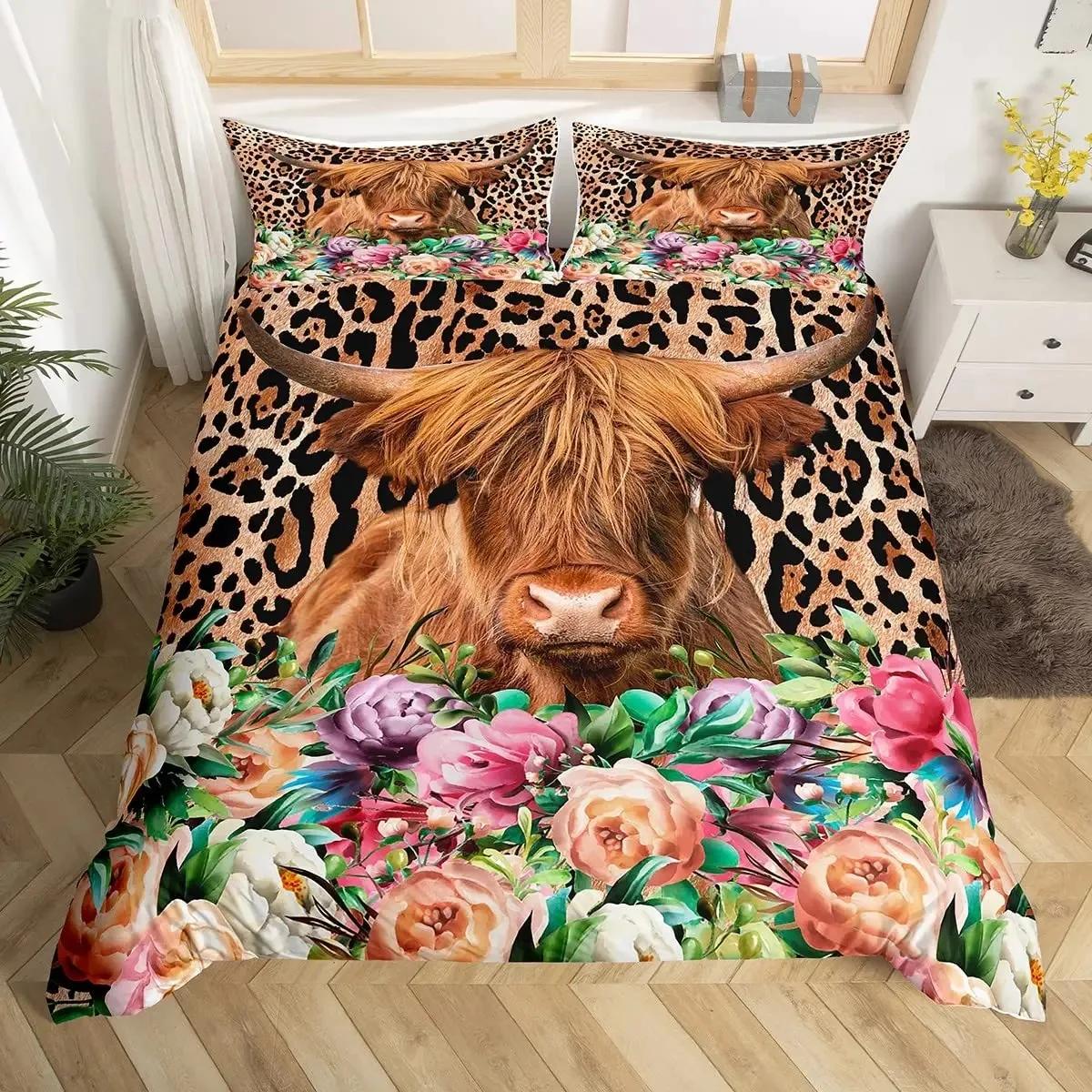 

Highland Cow Duvet Cover Set Daisy Bedding Set Funny Bull Cattle Flower Comforter Cover Wildlife Farmhouse Animal Quilt Cover 70x133cm