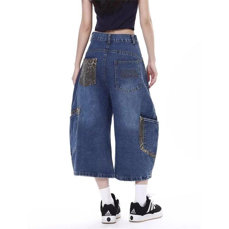 Pants Men's and Women's High Street Multi-pocket Loose Tooling Shorts Large Size Guochao Camouflage Splicing Scimitar Denim