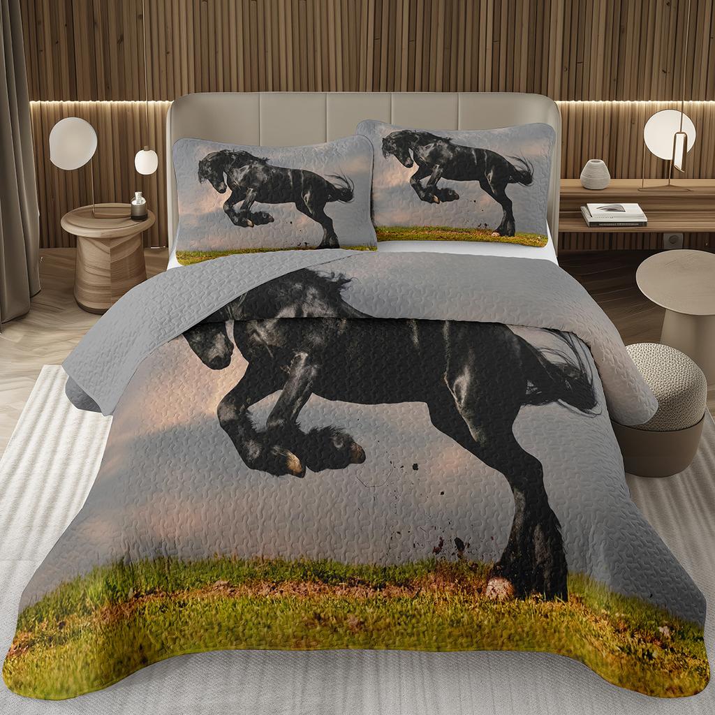 Running Wild Horses Print Quilted Bedspread Coverlet 2/3-Piece Rustic Bedding Set Reversible Lightweight Quilt Set Queen/Full