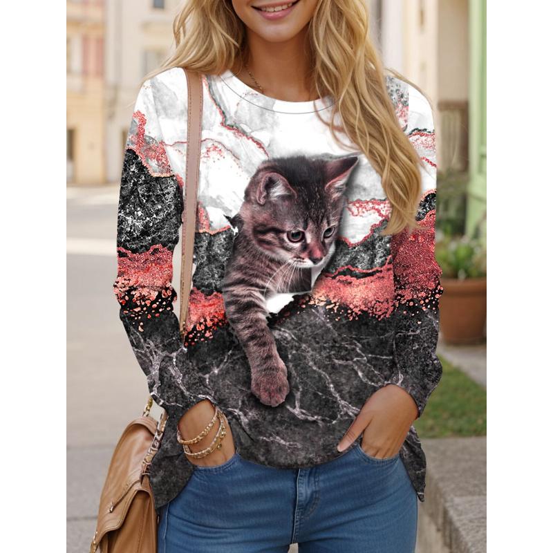 Women's T shirts 3D Print Art Design Cat Pattern Long Sleeve Daily Weekend Fashion Funny Round Neck Regular Fit Spring & Fall