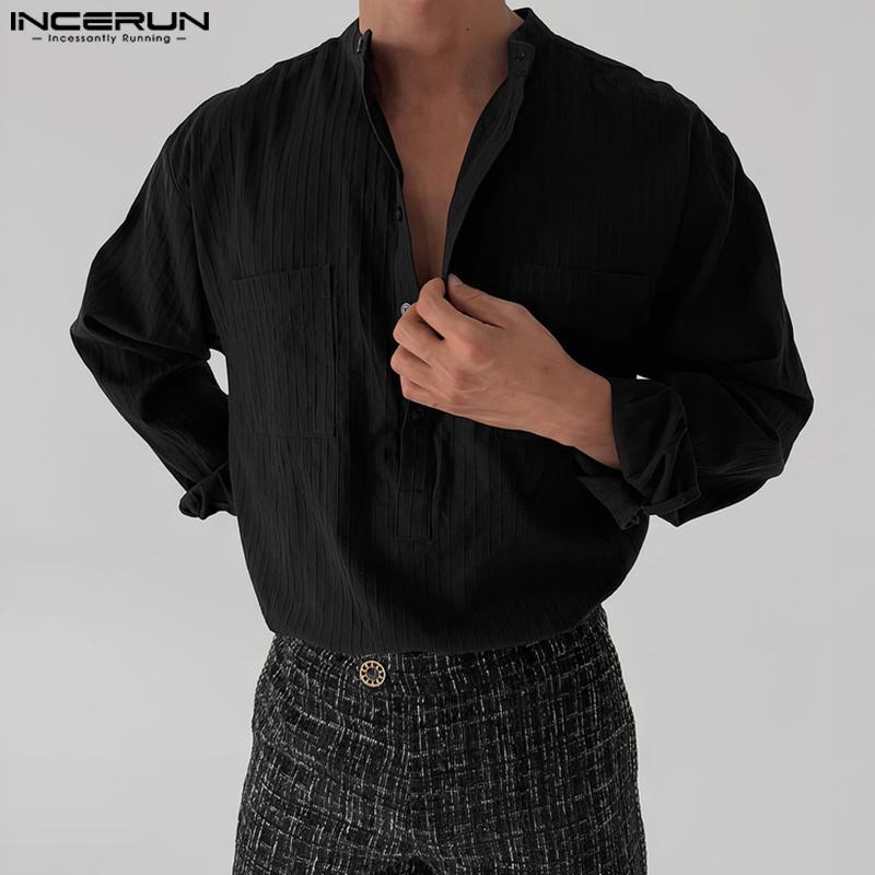 INCERUN Men Collarless Long Sleeve Striped Texture Shirts Casual Tops