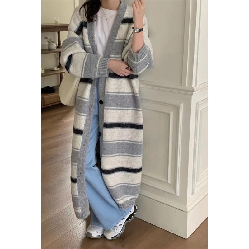 

Новый осенне-зимний ретро полосатый длинный вязаный кардиган-жакет для женского ленивого стиля, свободный и тонкий свитер average size