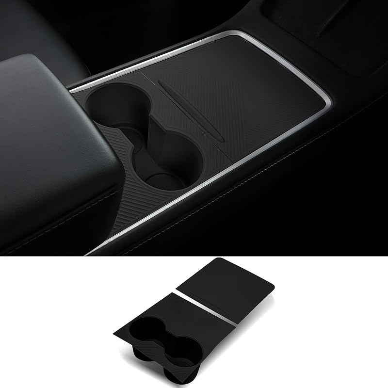 Center Console Silicone Wrap Kit With Cup Holder For Tesla Model 3 - / Model Y -2024 (Black)
