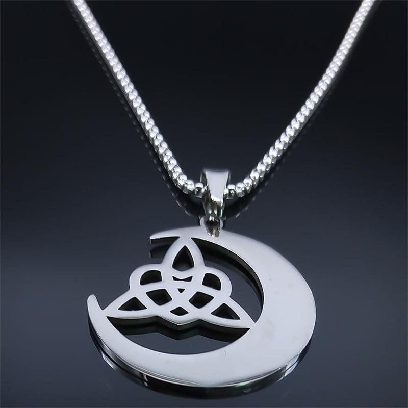 Witch Moon Crescent Triquetra Irish Knot Symbol Necklace Stainless Steel Celtic Knot Necklaces Jewelry collar acero inoxidable