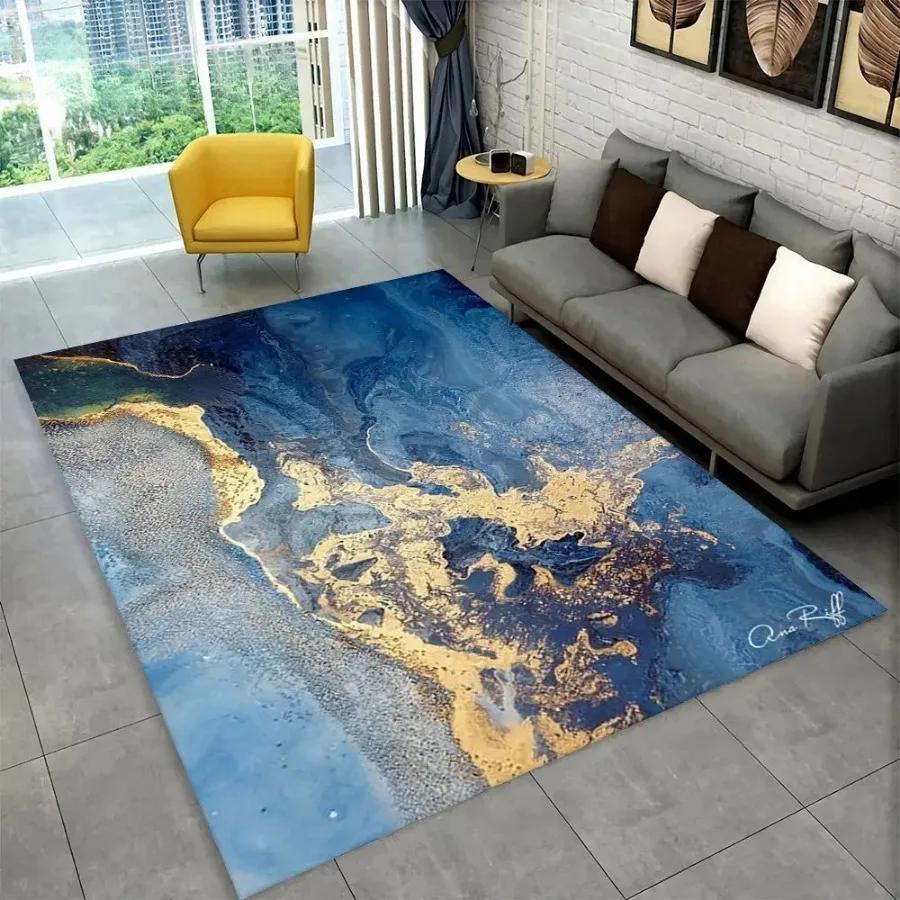 Sophisticated Nordic Blue and Gold Marble Floor Mat Geometric Carpet for Living Room or Bedroom Non-Slip Rug for Sofa Doormat