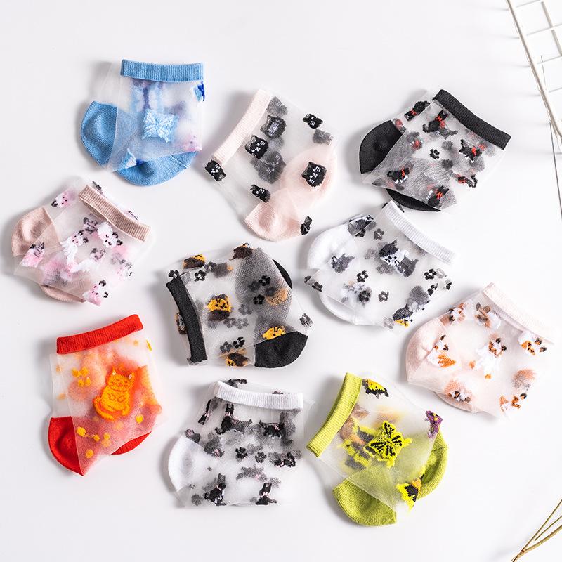 Cute Cartoon Animal Socks Women Summer Ultra-thin Transparent Crystal Silk Socks Casual Breathable Elastic Lace Socks
