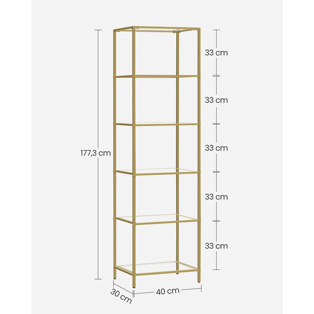 VASAGLE Bookcase, 6-Tier Bookshelf, Slim Shelving Unit for Bedroom, Bathroom, Home Office, Tempered Glass, Steel Frame, Metallic Gold