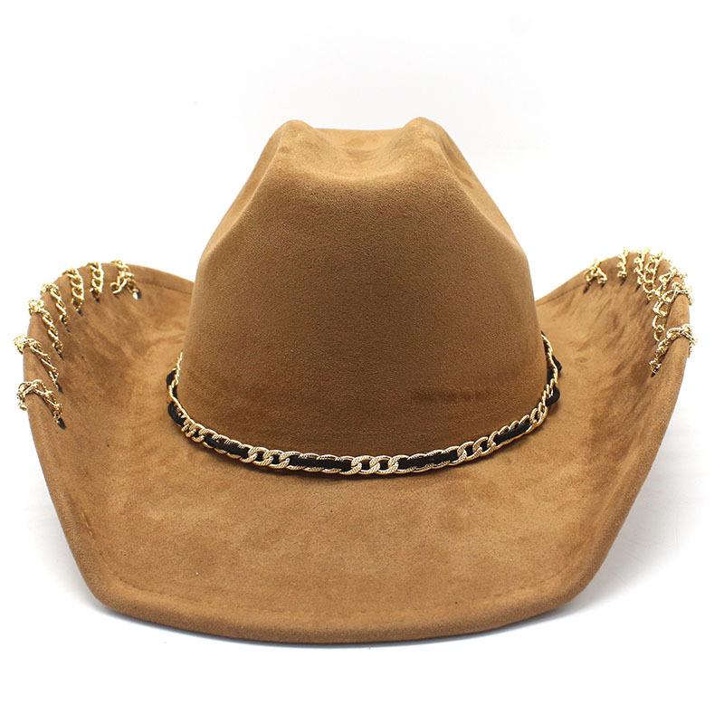 Cool Metal Chain Western Cowboy Hat Big Brim Visor Hat Fashionable Suede Jazz Hat