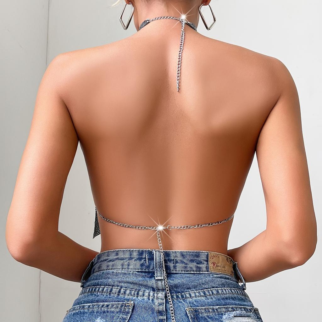 High-Necked Vest Metal Sequins Chest Chain, Personality Party Style Nightclub Body Chain, Necklace Women's Small Suspender Top Special Fashion Decorat
