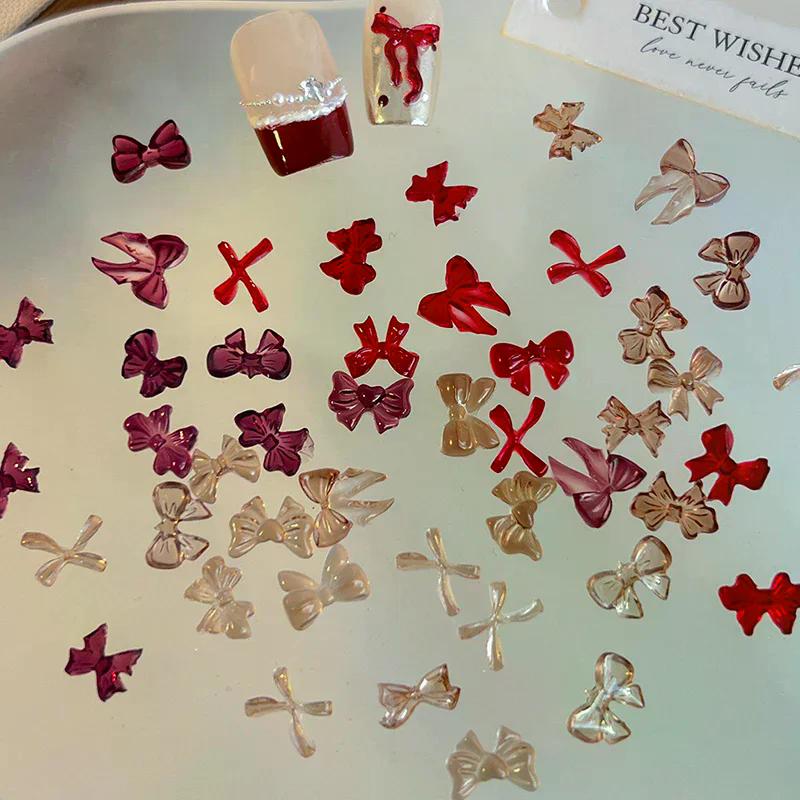 50 Pcs Mix Colorful Cute Bow Ribbon Resin Nail Art Decorations 3D Butterfly Nail Charm Jewelry Fashion DIY Accessories Manicure
