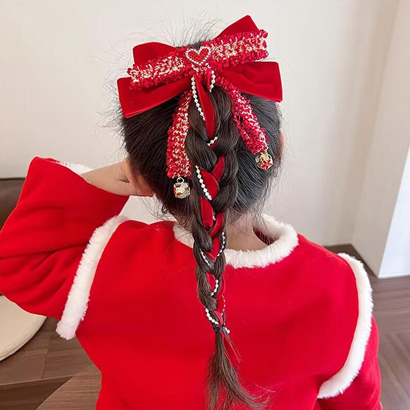 New Year Cute Pompom Kids Hair Clips Winter Plush Hairpins Braid Accessory Red Bow Princess Girl Headwear New Year Gift For Kids