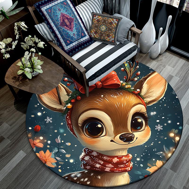 Cute Deer Round Area Rug,Carpet Rug for Living Room Bedroom Sofa Playroom Decor,Non-slip Floor Mat