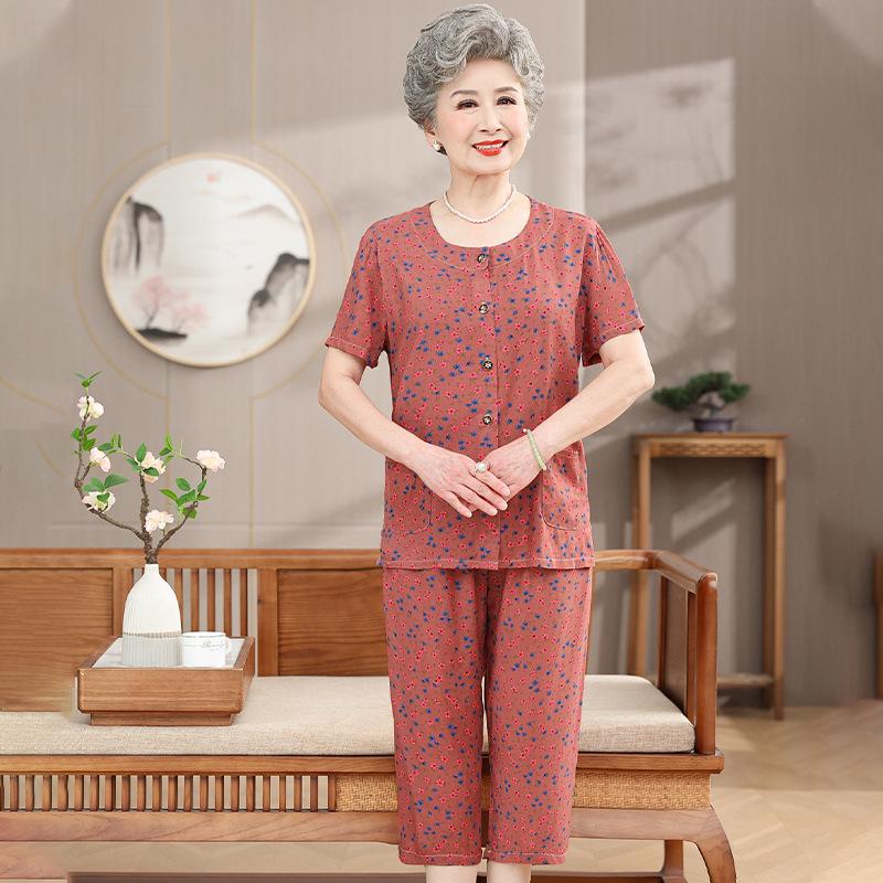 

Women s Cotton Silk Summer Suit Set: Short Sleeve Cardigan Top & Two-Piece for Elderly and Middle-Aged 4XL (135-150 lbs) помаранчевий